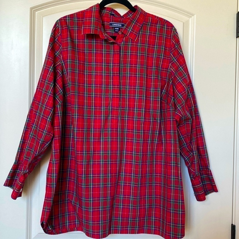 Lands' End Plaid Tunic Blouse Women’s 20W Red Green Blue Festive cottage Core
